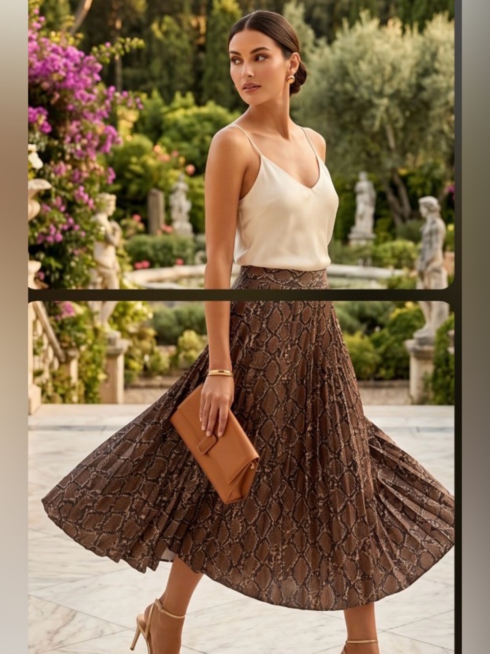 Zara Snake Print Pleated Midi Skirt-Brown Print | Flowy Statement Piece - Size L